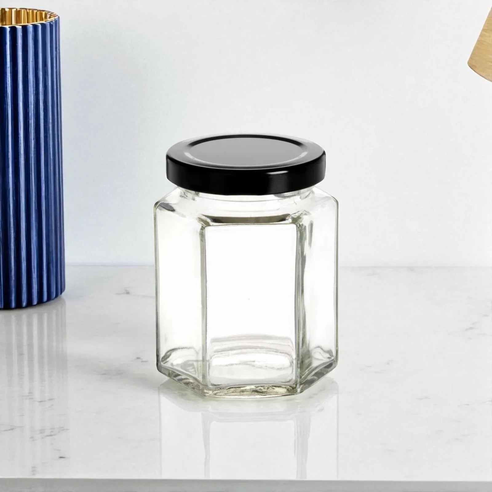 Set of 12 hexagon glass jars 190ml with black lids for spices and jam