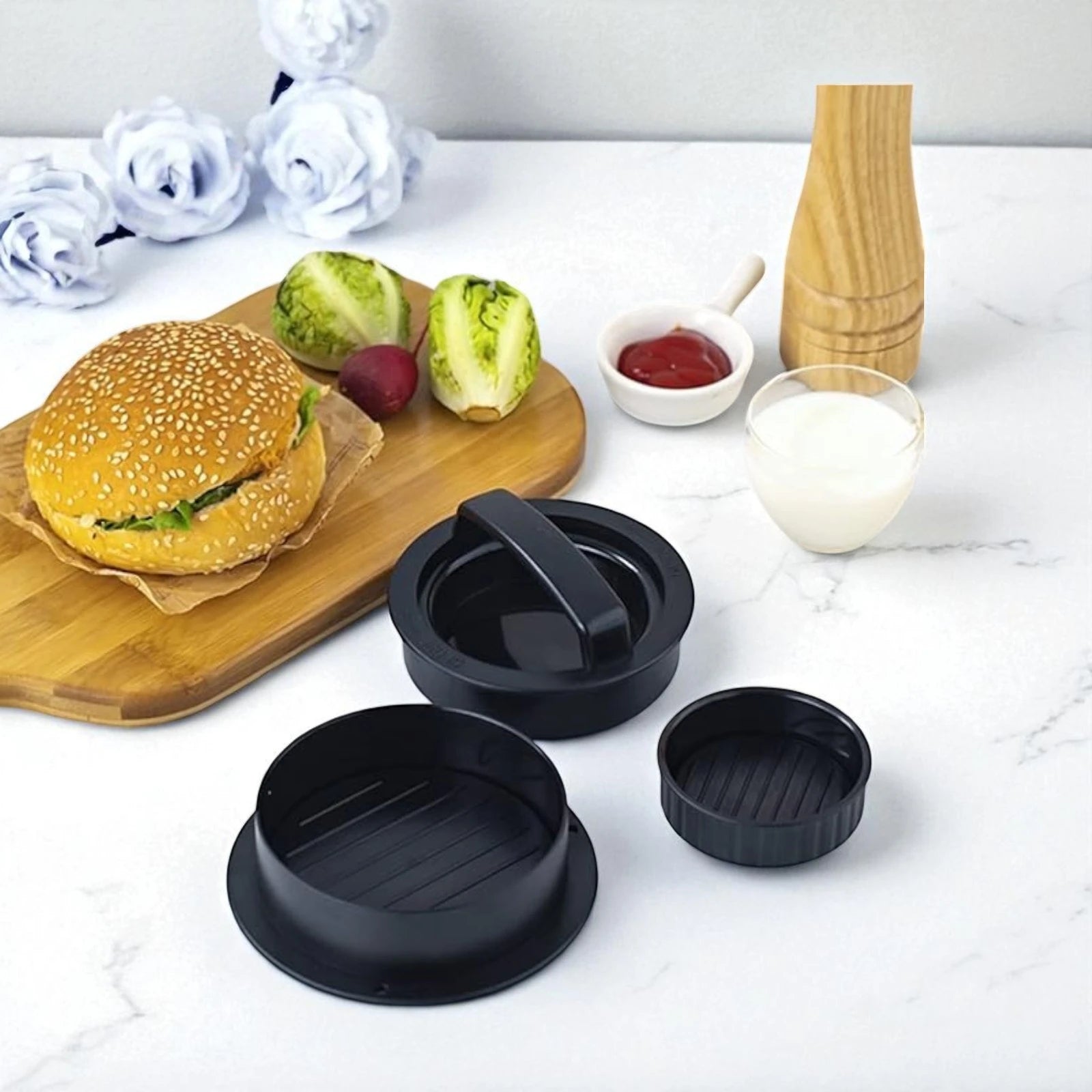 Epicure 3-in-1 burger press for regular, slider, and stuffed burgers