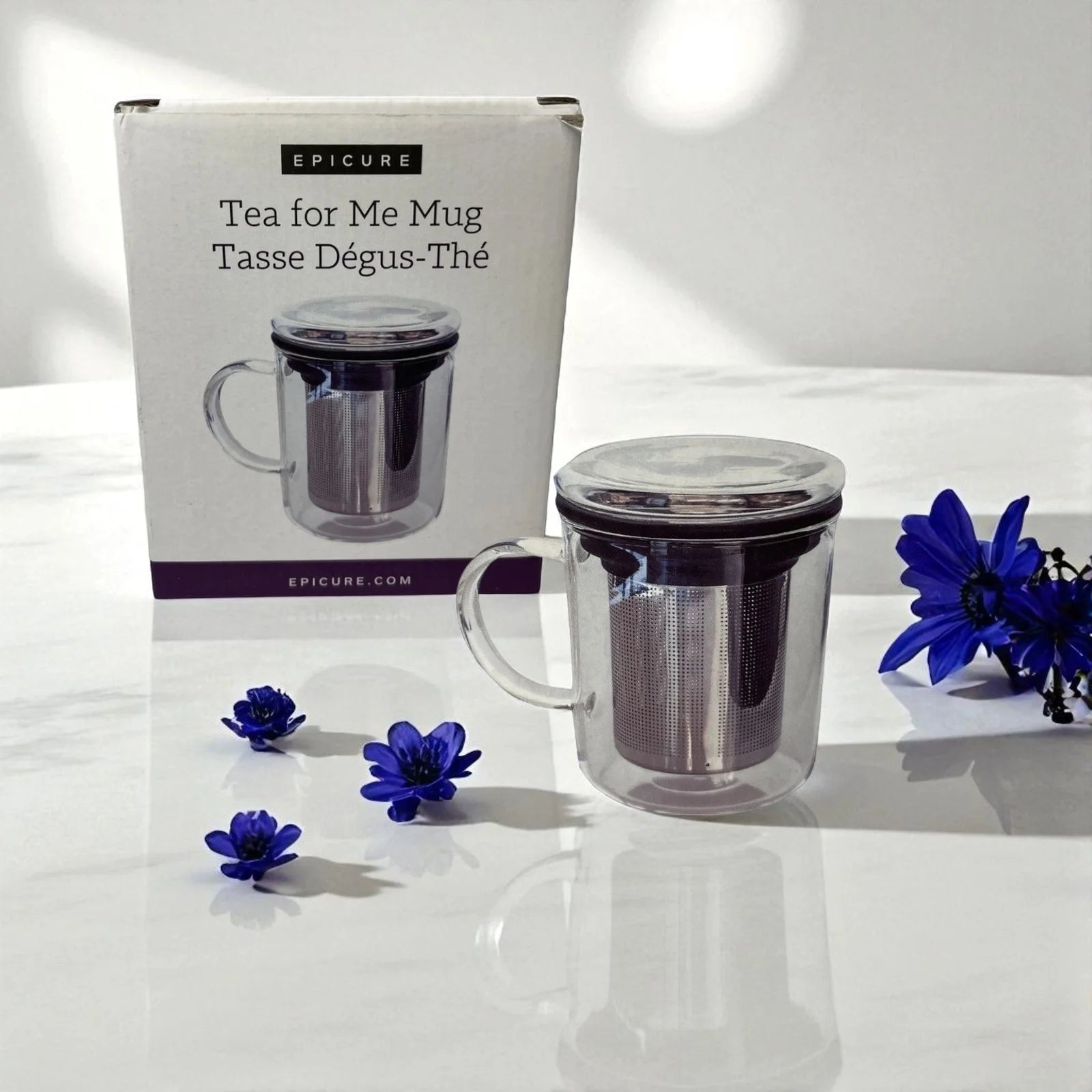 Epicure 375ml clear glass mug with infuser, filter, and lid