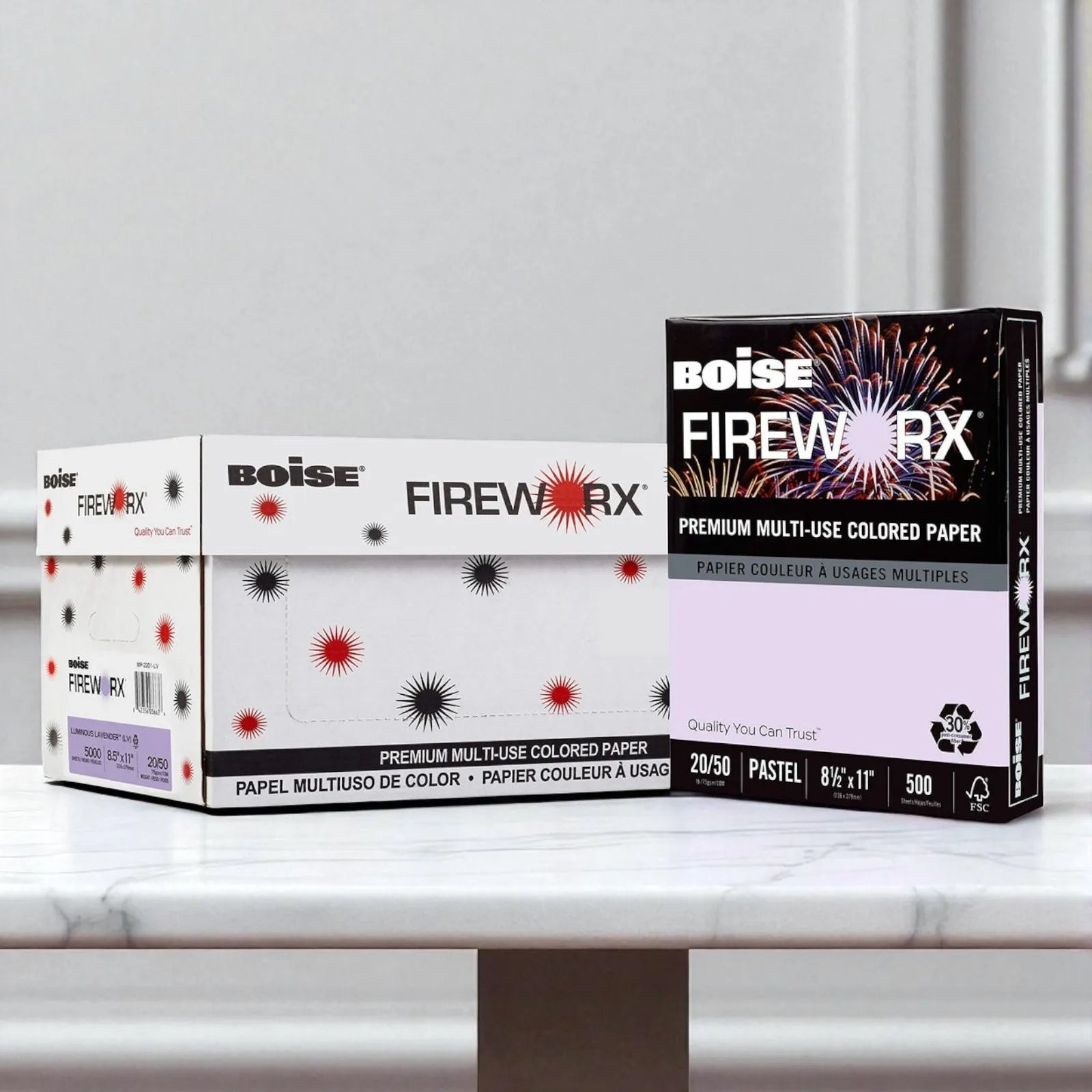 Boise Fireworx lavender copy paper case with 10 packs of 500 sheets