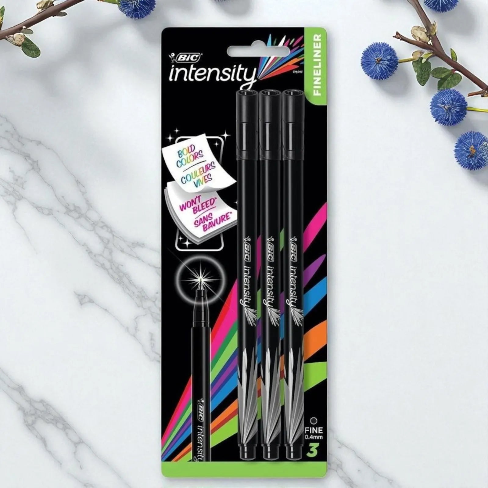Box of 12 BIC 3-packs, black fine-tip felt point pens – new
