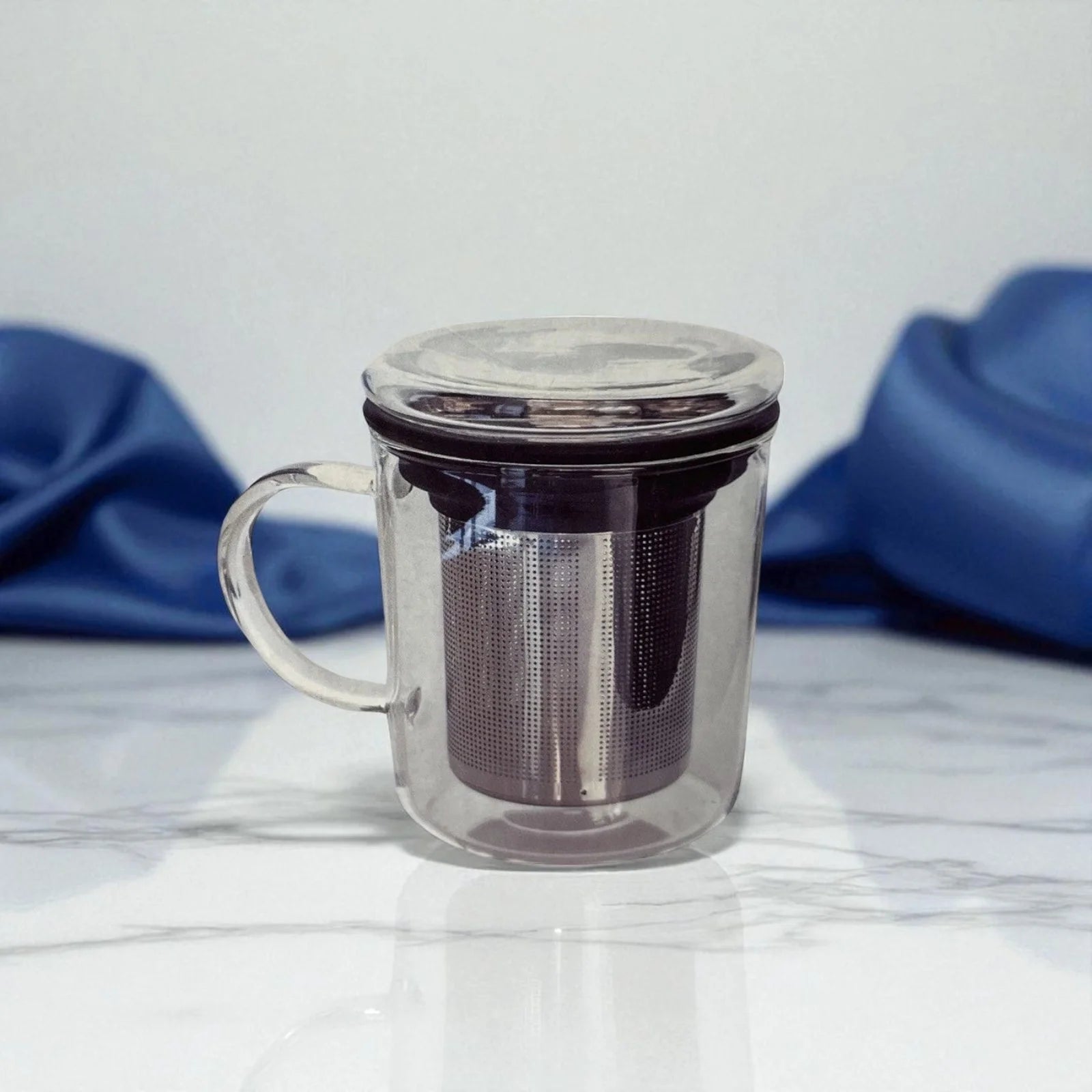 Epicure 375ml clear glass mug with infuser, filter, and lid