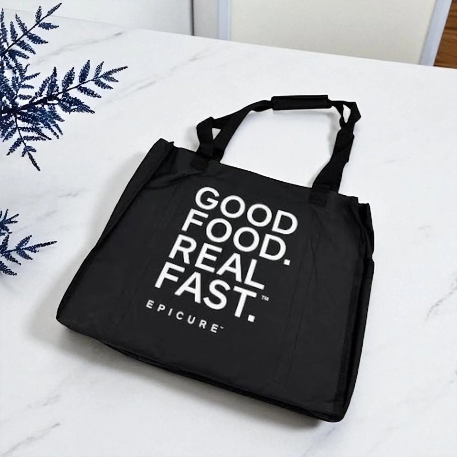 Epicure large black carryall tote bag with pockets and branding