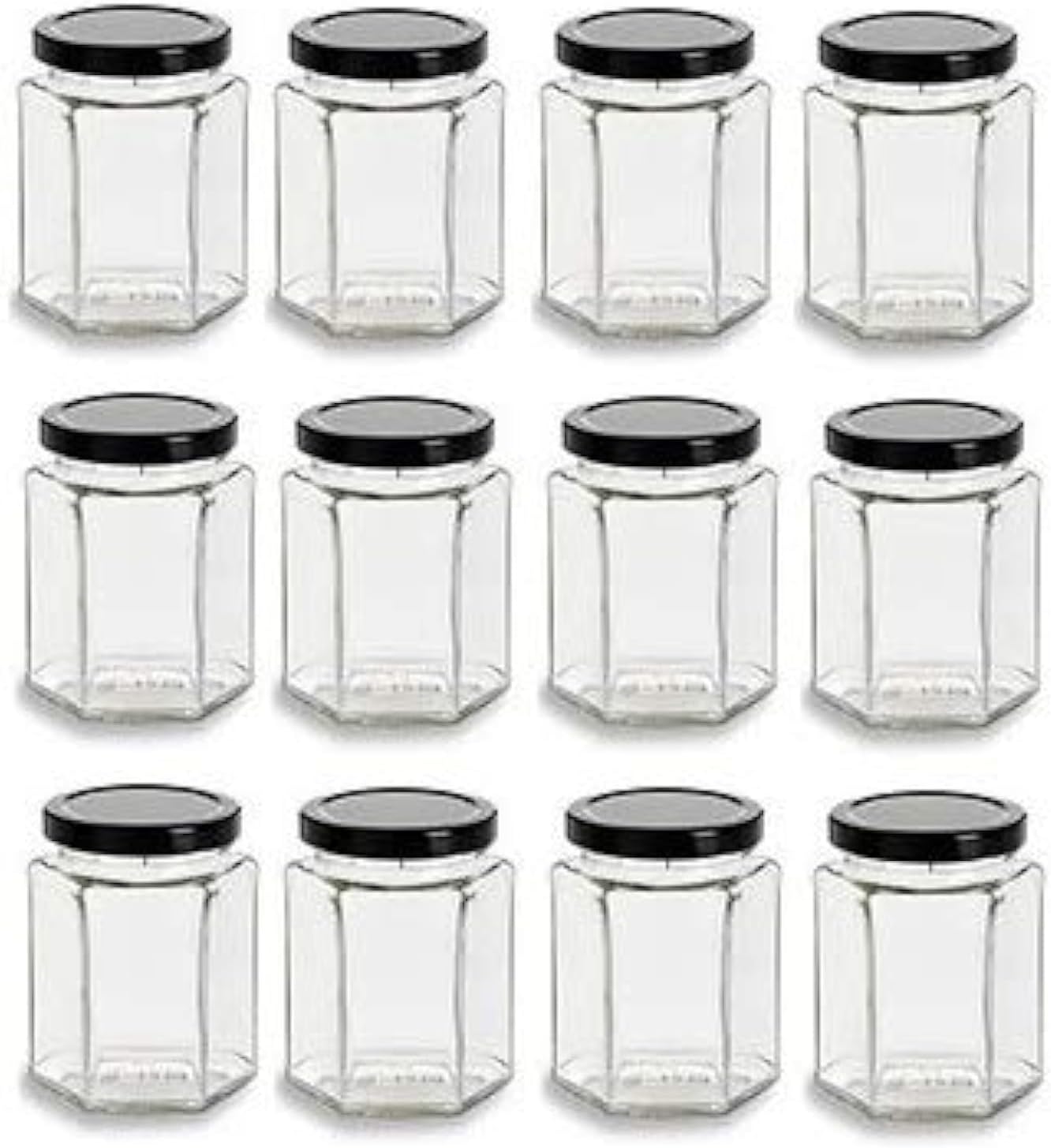 Case of 12 hexagon glass jars 190ml with black lids